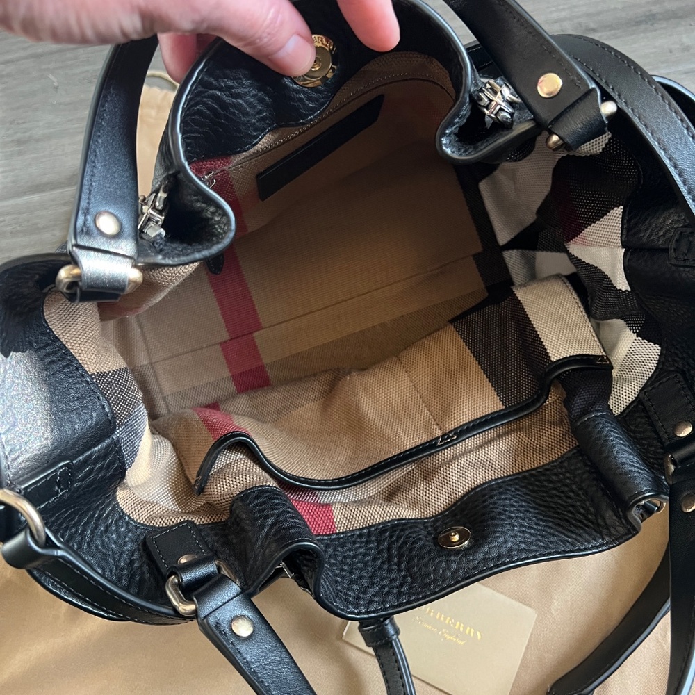 BURBERRY Maidstone Black Leather House Check Canvas Small Tote Bag - Picture 4 of 14